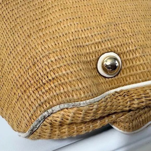 Michael Kors Straw Woven White Leather Shoulder Bag Gold Multiple Pockets - Picture 10 of 11